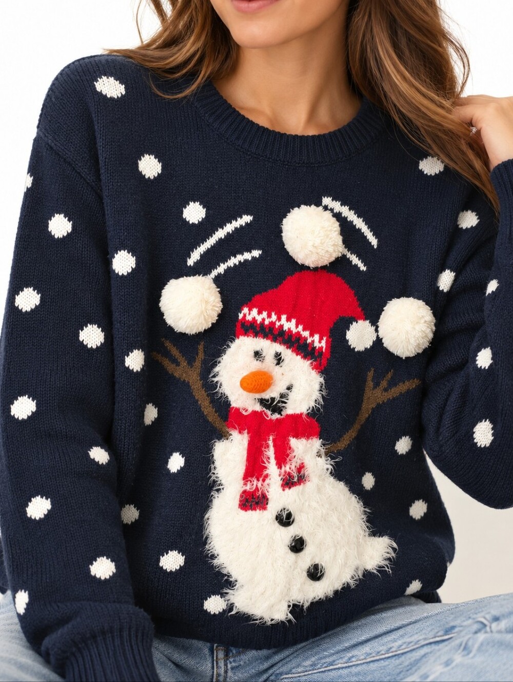Atmosphere Snowman Christmas Sweater Women's M Navy Pom Pom Ugly Holiday